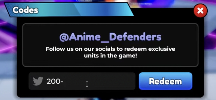 Screenshot of the Enter Codes section in Anime Defenders