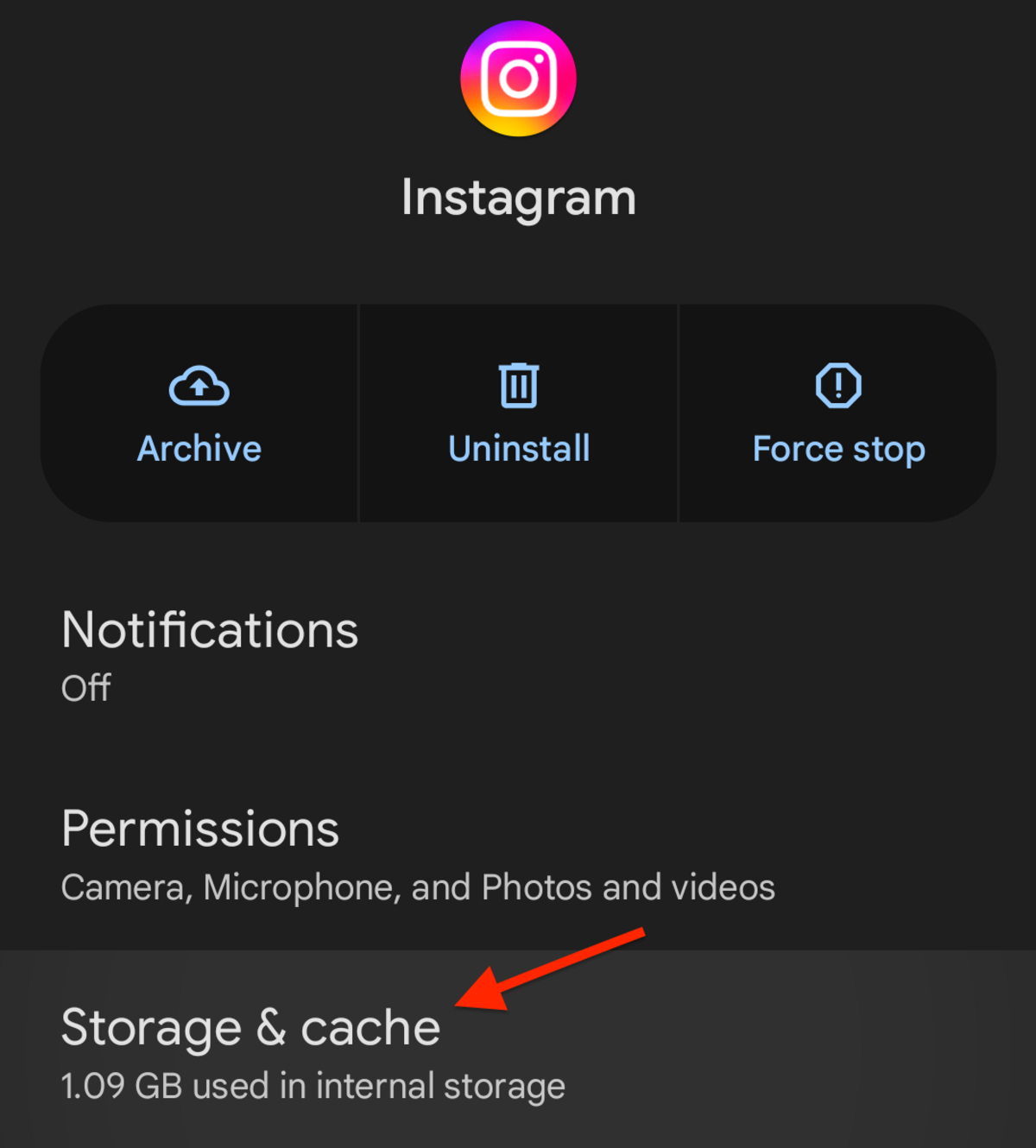 Image of the Storage and cache section to clear Instagram cache 