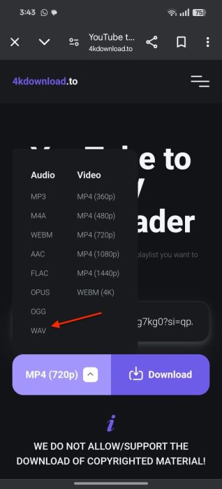 Screenshot of the option to select WAV format