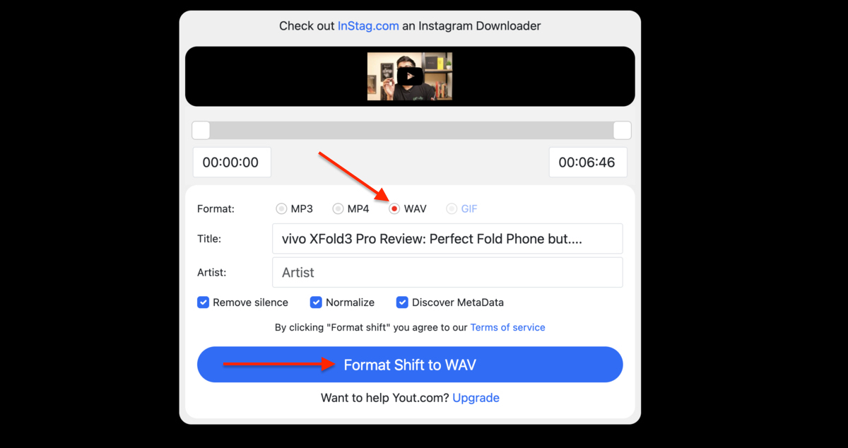 Screenshot of the Format shift button to convert YouTube video to WAV