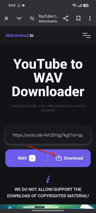 Screenshot of the download button