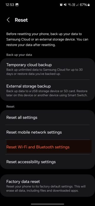 image to Tap the Reset Wi-Fi and Bluetooth settings option.