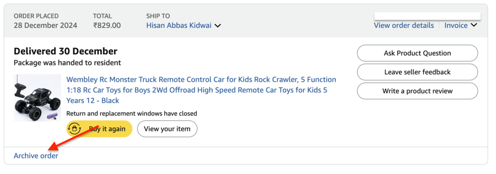 Image of the Archive order button to delete Amazon order history