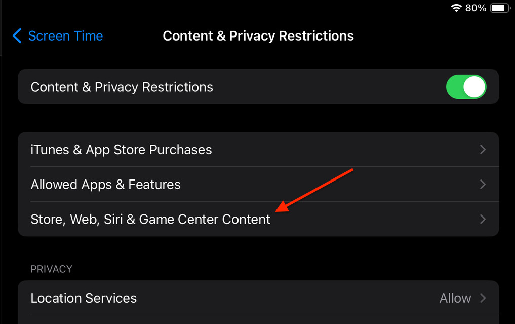 Image of the Store, Web, Siri & Game Center Content button