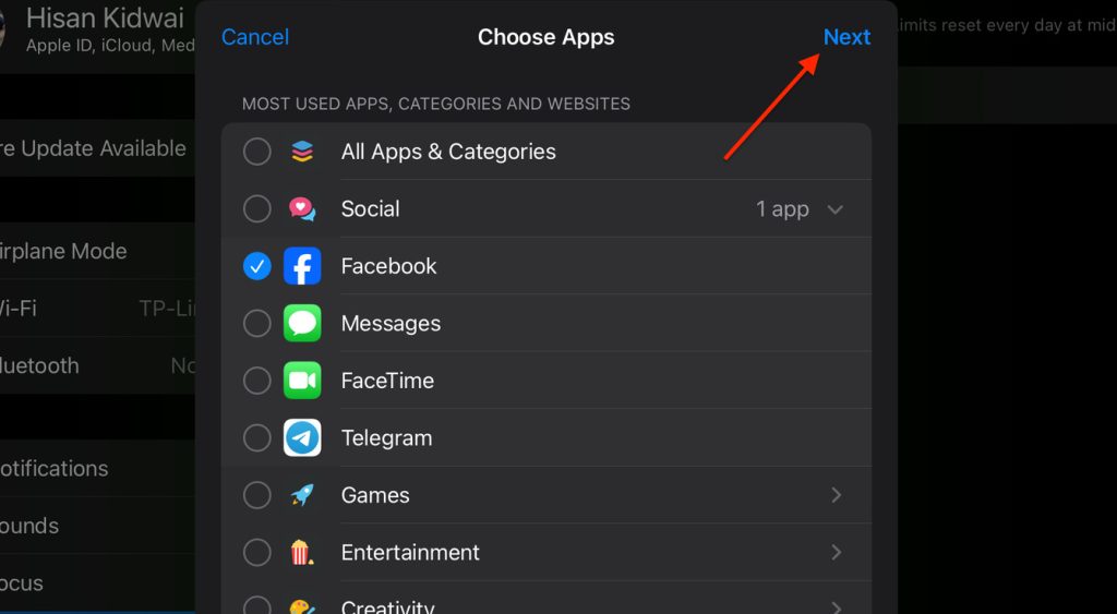 Image of the Next button to setup app limits on iPhone