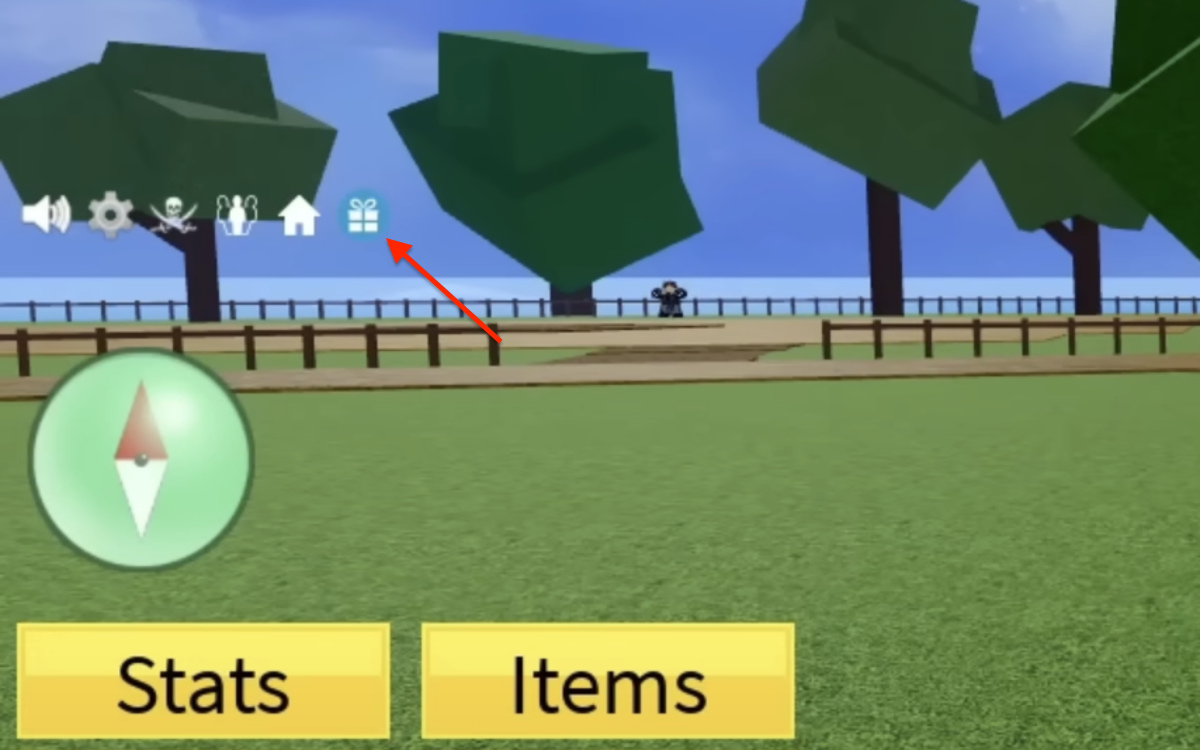 Screenshot of the Gift icon to redeem codes in Blox Fruits