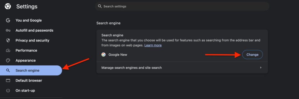 Image if the Change button in Search Engine tab