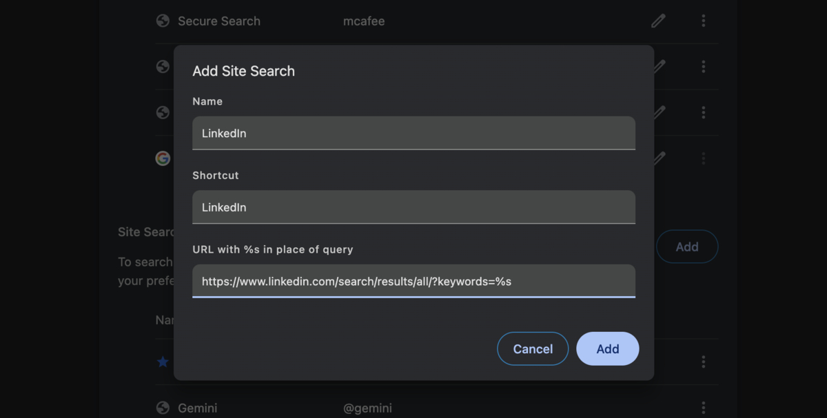 Image to add a custom search engine in Chrome