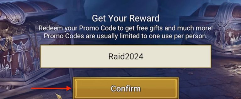 Screenshot of the Confirm button to Redeem Raid Shadow Legends codes