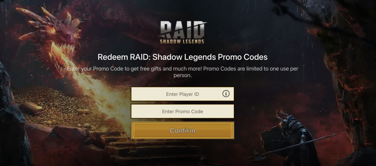 Screenshot of the Raid Shadow Legends website to redeem codes 