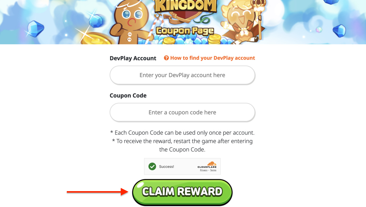 Screenshot of the Devplay website to claim Cookie Run Kingdom Codes