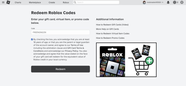 Screenshot of the Roblox promo code page to redeem free robux codes