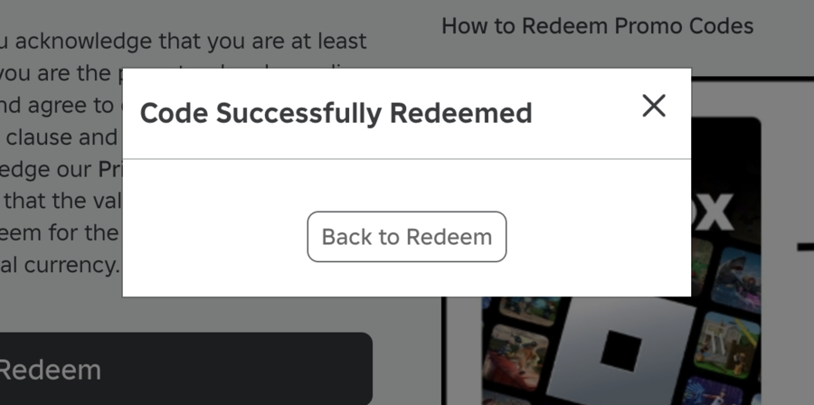 Screenshot of the code being successfully redeemed