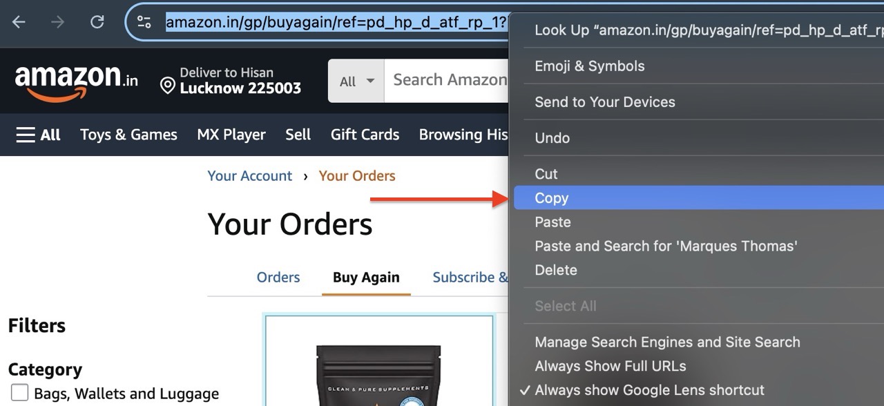 Copy Item to share Amazon Cart