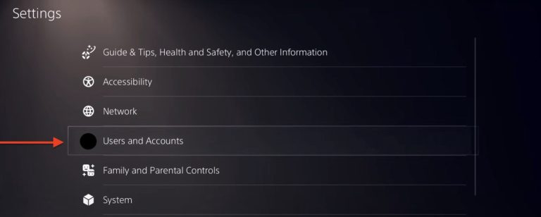 Image of the User and Accounts option to share games on PS5