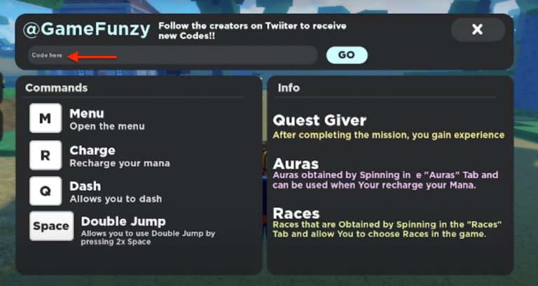 Image of the enter codes here button in grimoires era