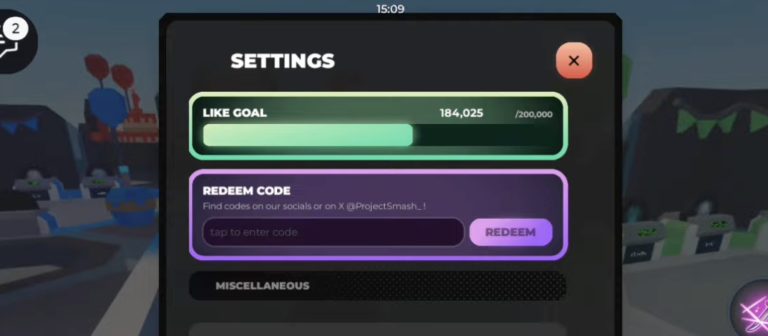 Image of the Redeem codes section In Project Smash