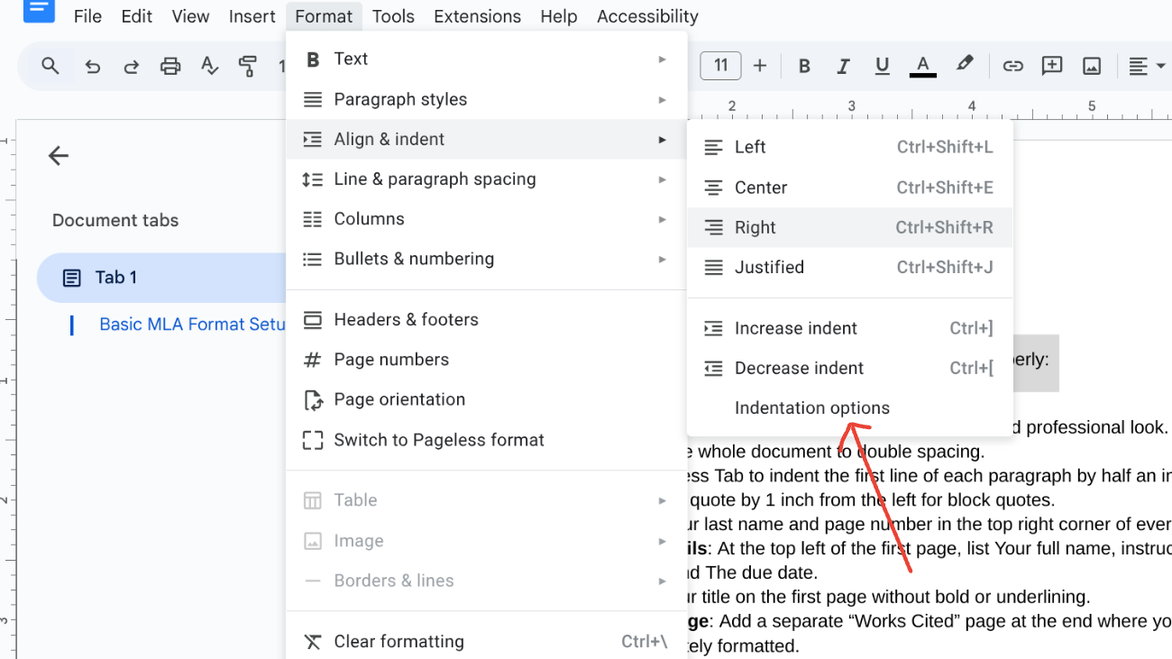 image to click on Indentation options