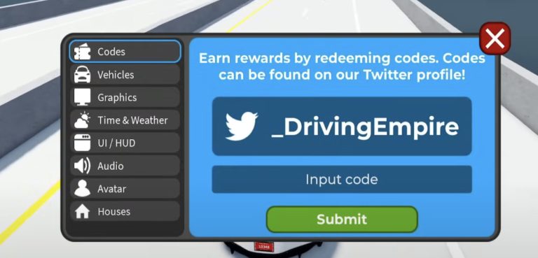 Image of the redeem codes section in driving empire