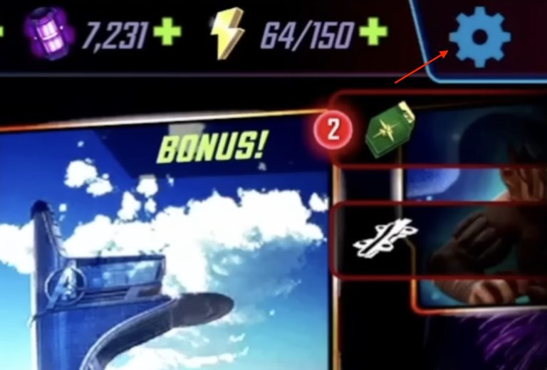 Nustatymų mygtuko vaizdas, skirtas išpirkti kodus „Marvel Strike Force“