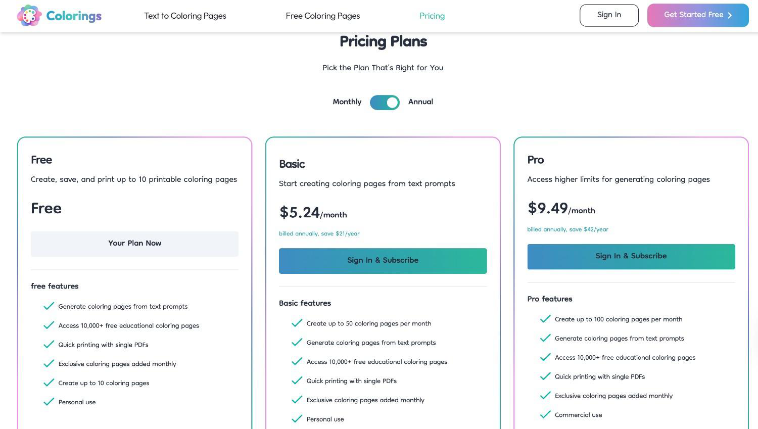 colorings.io pricing