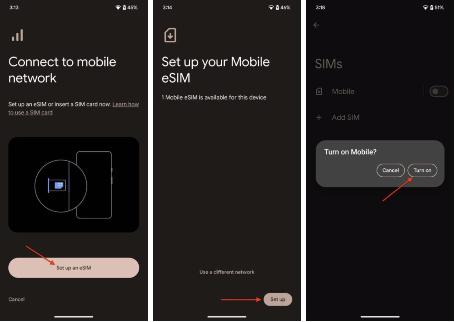 Screenshots of the Settings page to setup Holagly eSIM on Android
