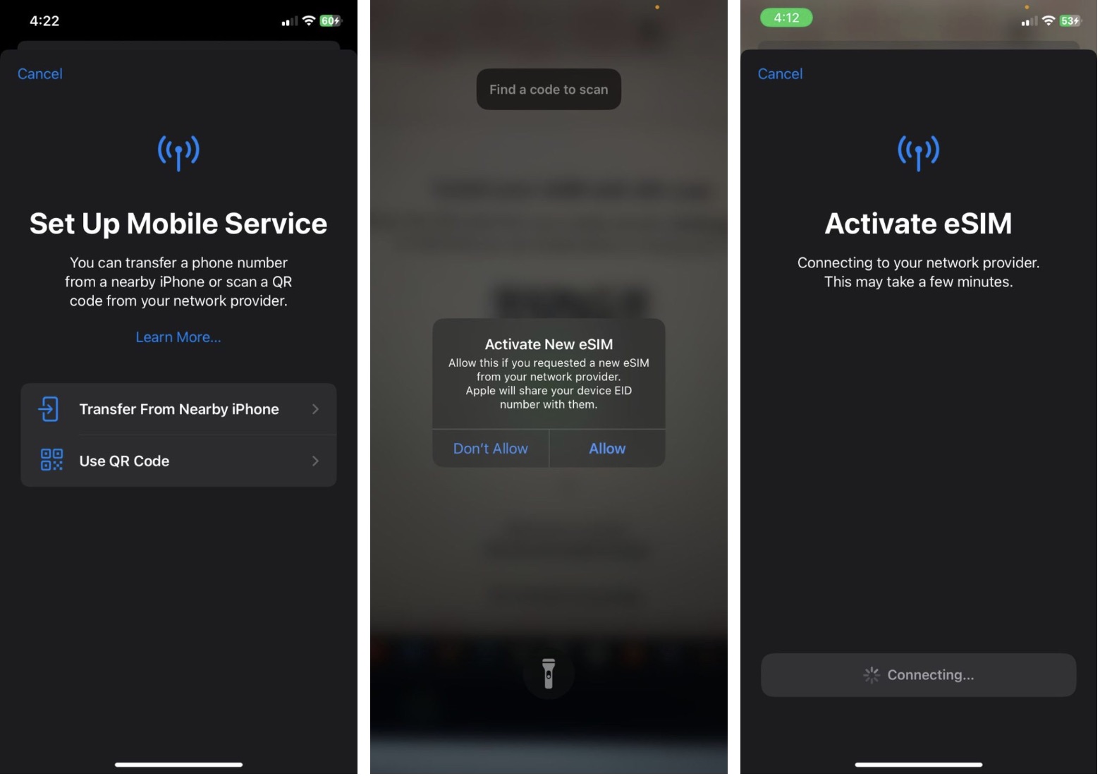 Screenshots on how to set up holafly eSIM on iPhone