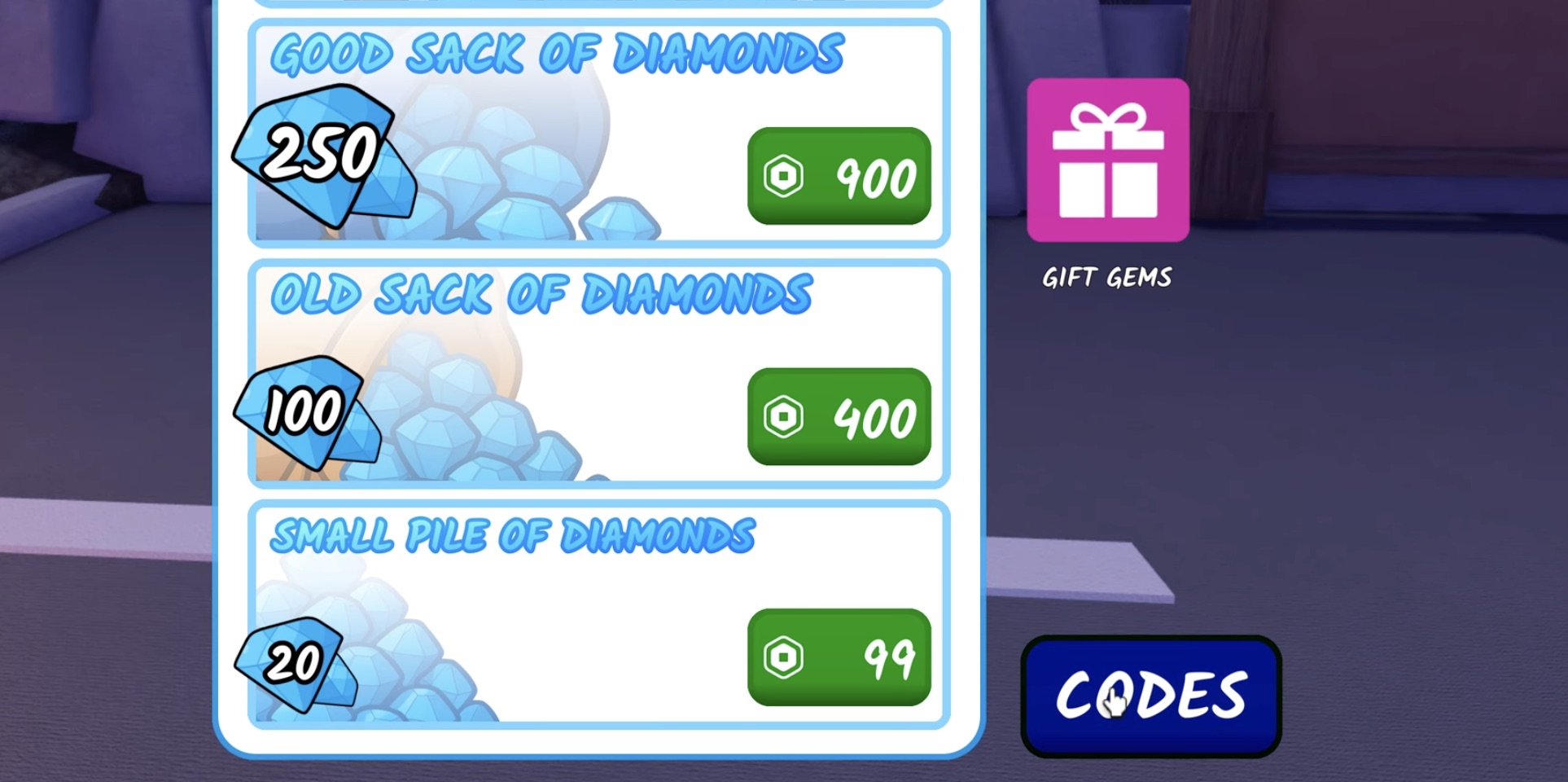 Screenshot of the codes section
