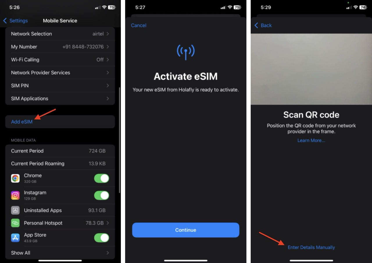 Steps on how to manually activate holafly eSIM