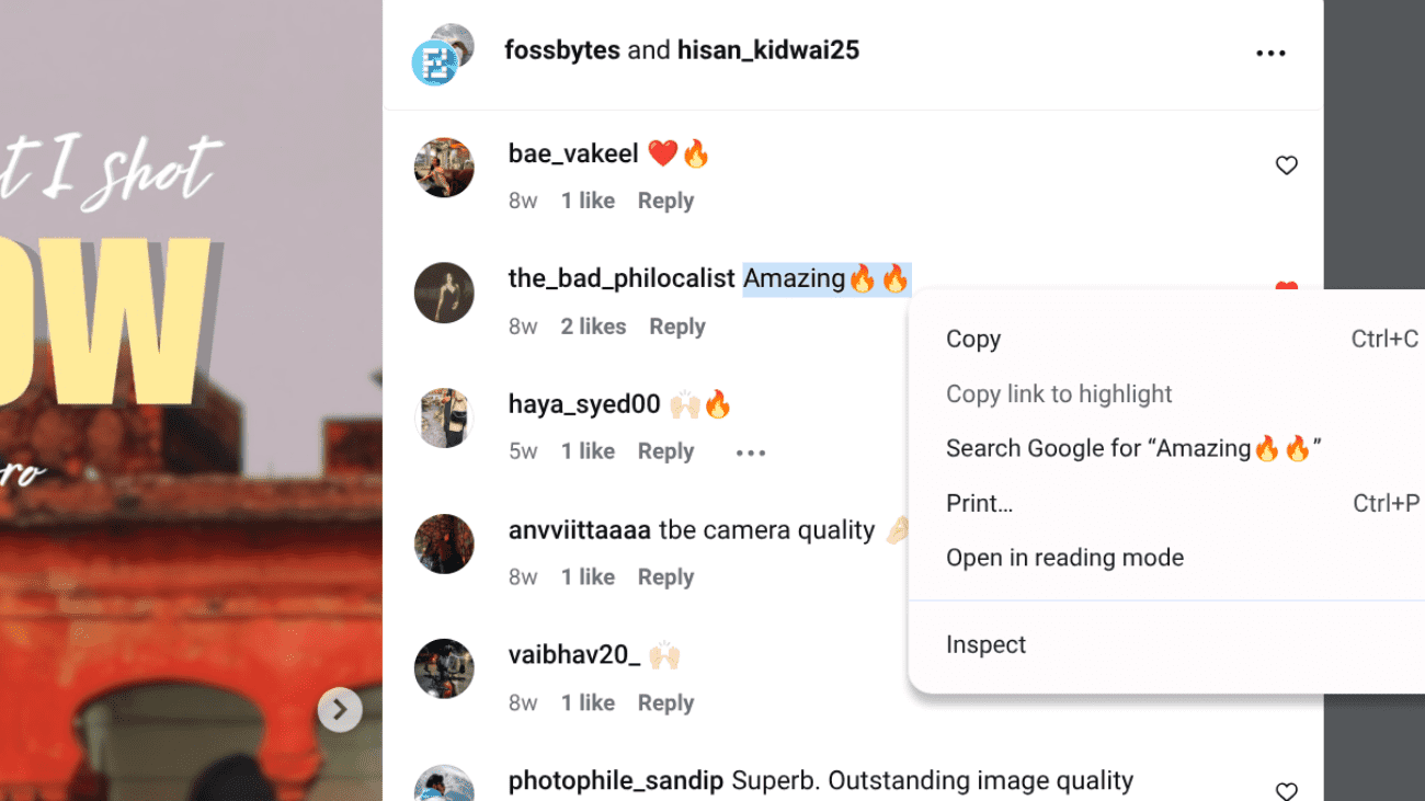 image to Copy Instagram Comments on desktop