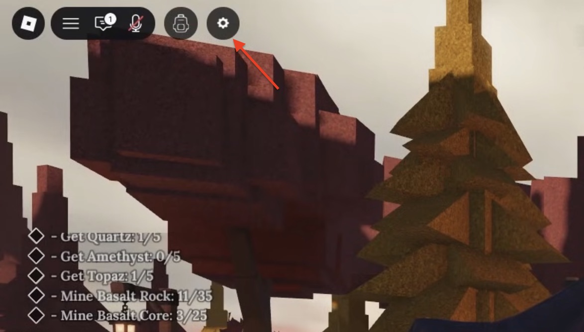 An arrow pointing to the settings button in The Forge to redeem codes