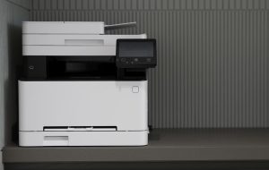 An HP Printer sitting on a table